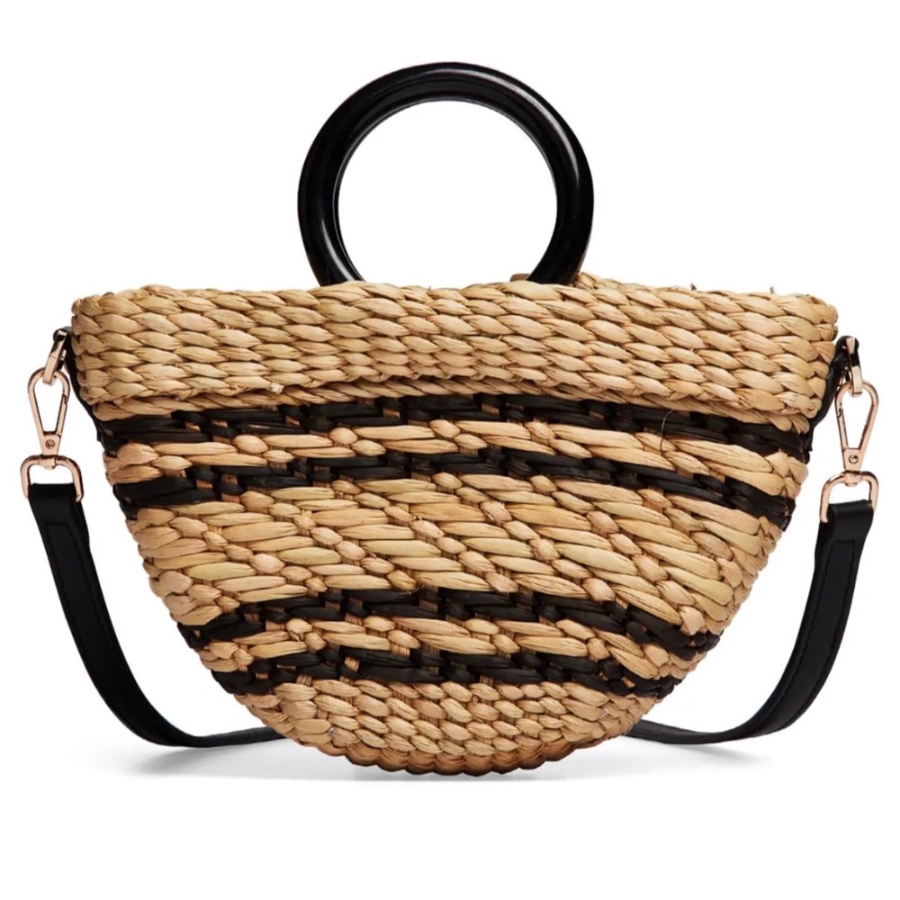 Poolside Straw Stripe Bec Bag Crossbody with Removable Strap, Natural/Black